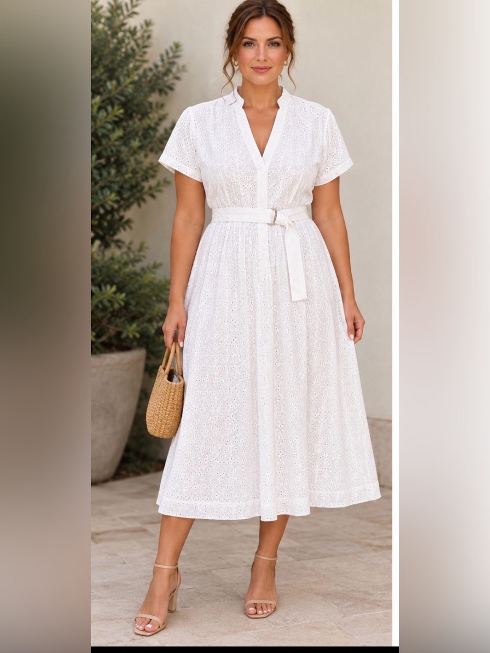 Brooks Brothers White Eyelet Midi Dress with Belted Waist